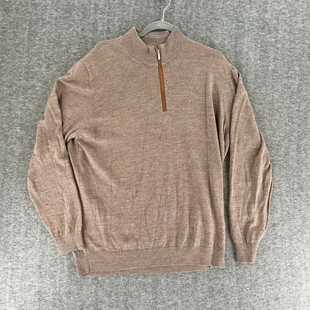 Johnnie-O Mens XL Raynor Brown 100% Merino Wool Quarter Zip Sweater Pullover